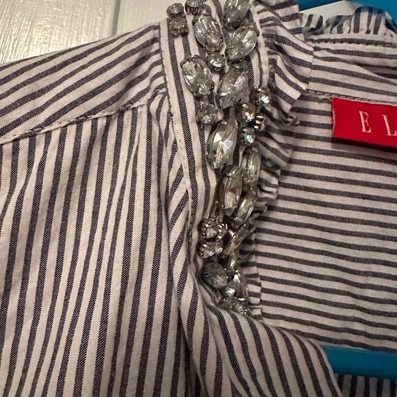 Elle Stripes Button Down with Jeweled Ruffled Collar. - Picture 6 of 6